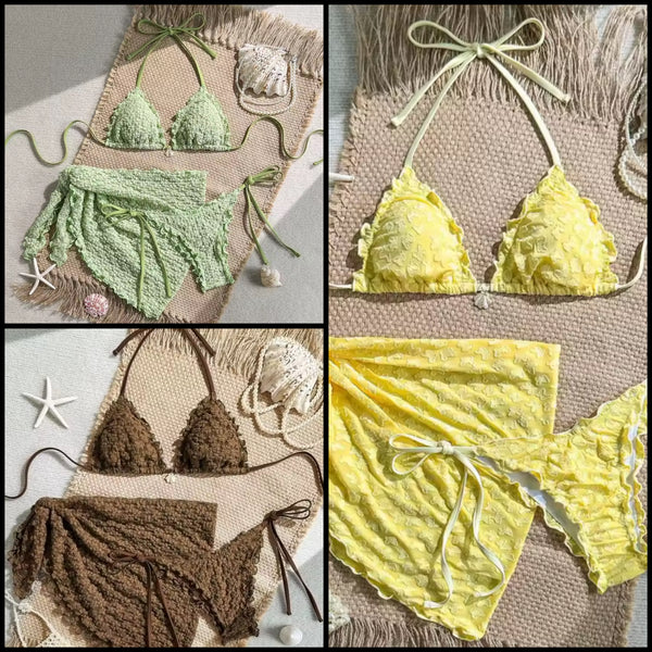 Women Sexy Solid Color Ruffled Halter Bikini Cover Up Set