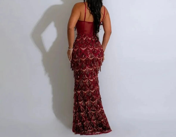 Women Sexy Sequins Tassel Sleeveless Maxi Dress