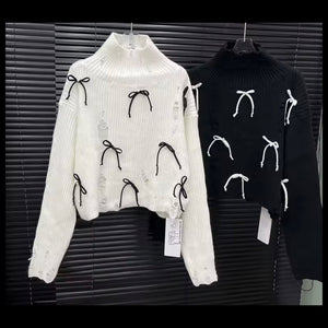 Women Fashion Ripped Turtleneck Bow Patchwork Sweater Top