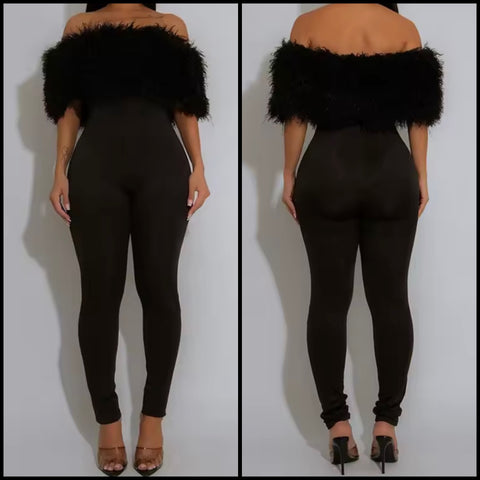 Women Black Feather Off The Shoulder Fashion Jumpsuit