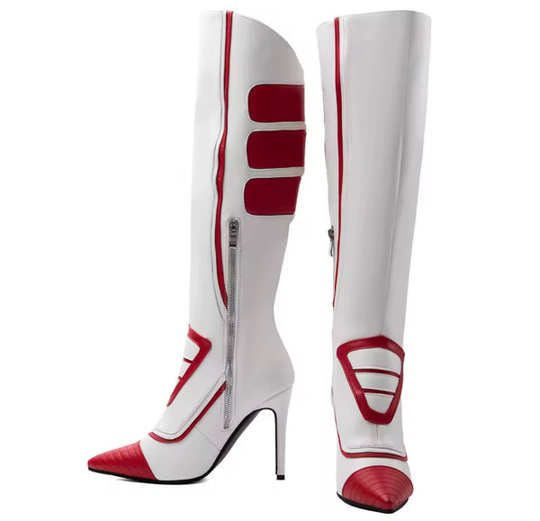 Women Fashion White/Red Pointed Toe Knee High Boots