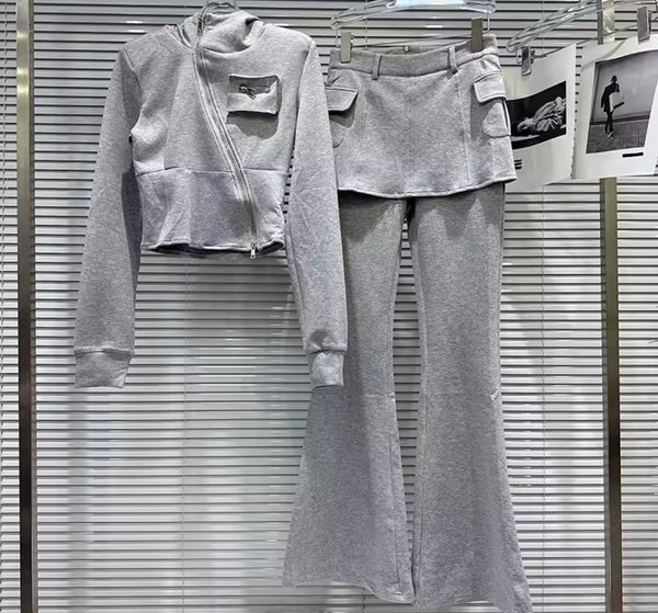 Women Zip Up Hooded Two Piece Tracksuit Wrap Pant Set