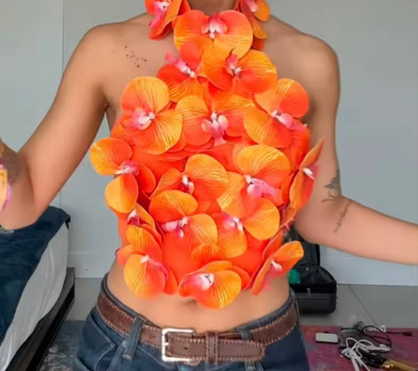 Women Halter Sleeveless Floral Open Back Crop Top