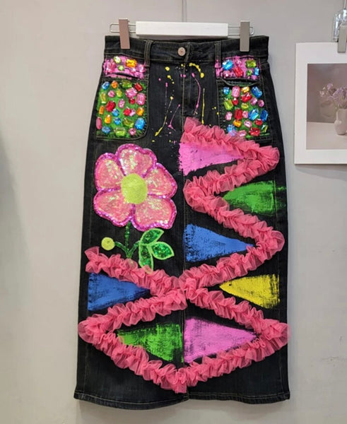 Women Colorful Print Gem Maxi Denim Skirt