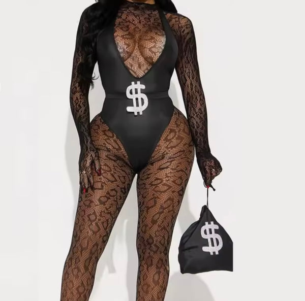 Women Black Sexy Money Lace Bodysuit Five Piece Lingerie Set Costume