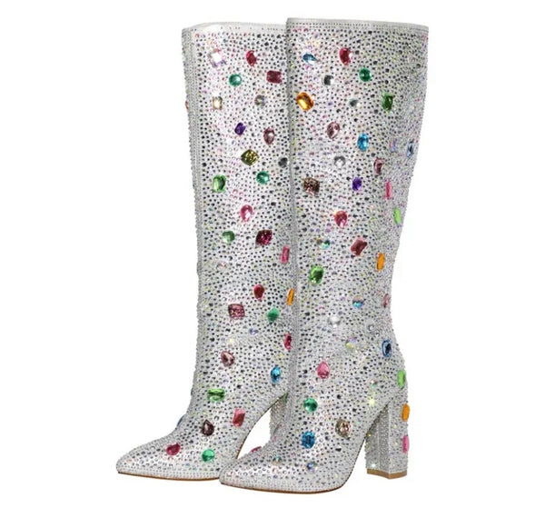 Women Fashion Silver Colorful Gem Ankle/Knee High Boots