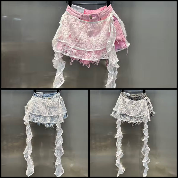 Women Fashion Lace Patchwork Ripped Denim Shorts