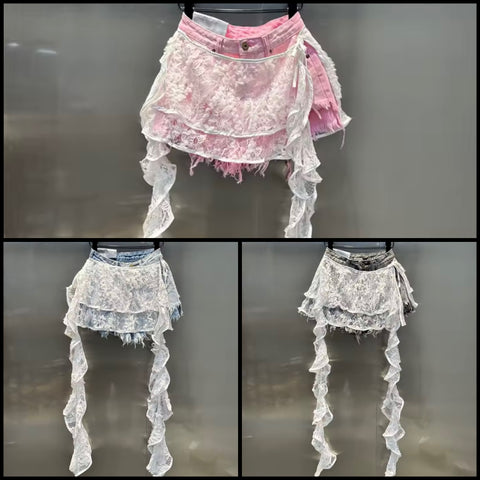 Women Fashion Lace Patchwork Ripped Denim Shorts