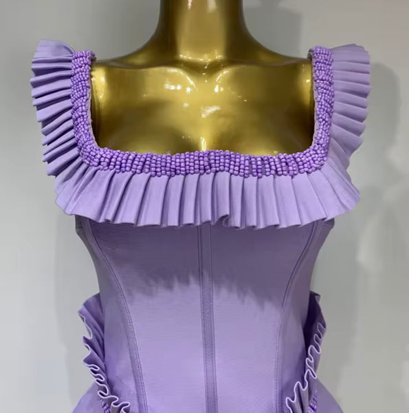 Women Sexy Beaded Ruffled Short Sleeve Purple Maxi Dress