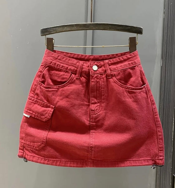 Women Fashion Side Pocket Drawstring Denim Skirt