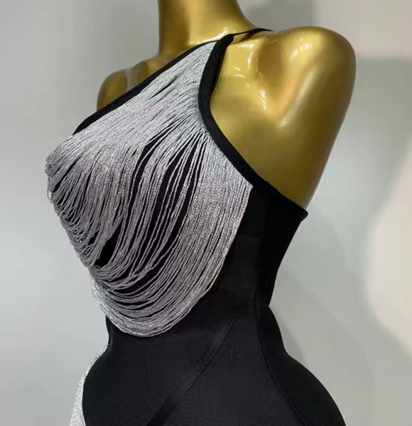 Women Black Sleeveless Sexy Silver Tassel Maxi Dress