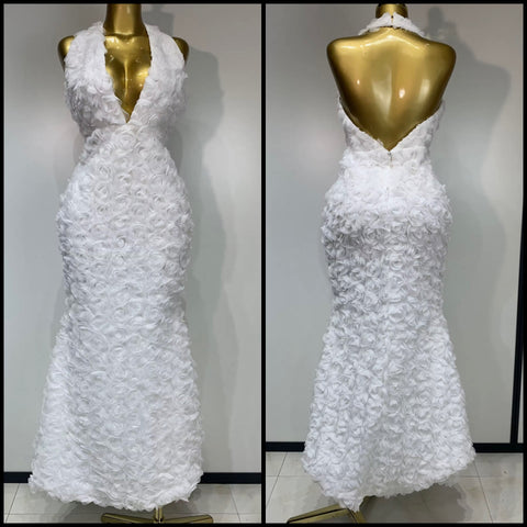 Women White Sexy Halter Open Back Sleeveless Floral Maxi Dress
