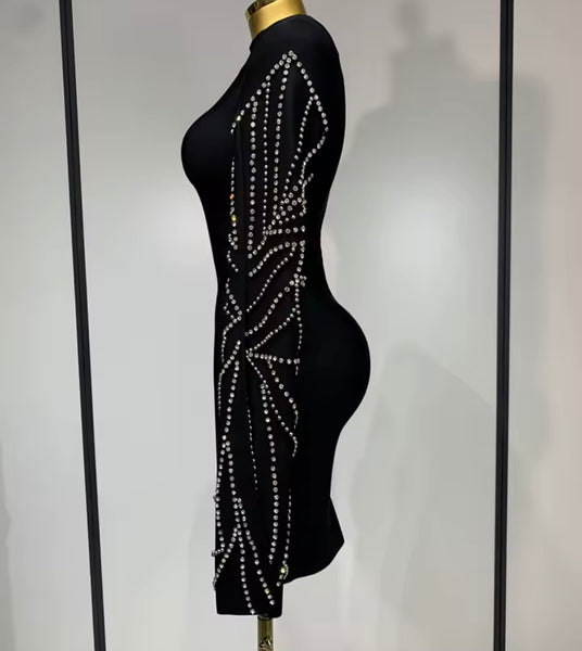 Women Sexy Black Rhinestone Full Sleeve Dress