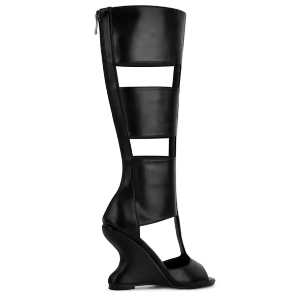 Women Black Fashion Open Toe Cut Out Wedge Knee High Boots