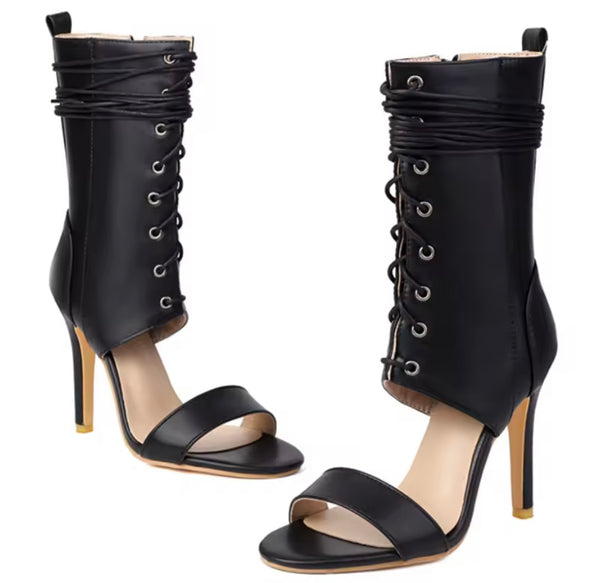 Women Color Open Toe Fashion Lace Up Ankle High Heel Boots
