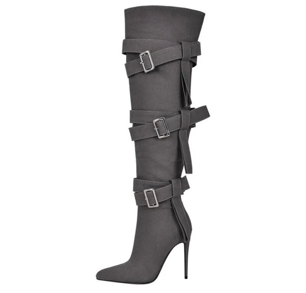 Women Buckled High Heel Fashion Knee High Boots