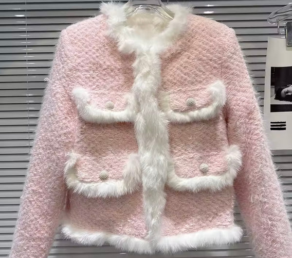 Women Pink Fur Patchwork Tweed Fashion Jacket