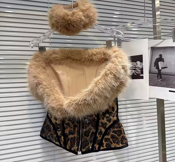Women Sexy Sequins Leopard Faux Fur Three Piece Skirt Set