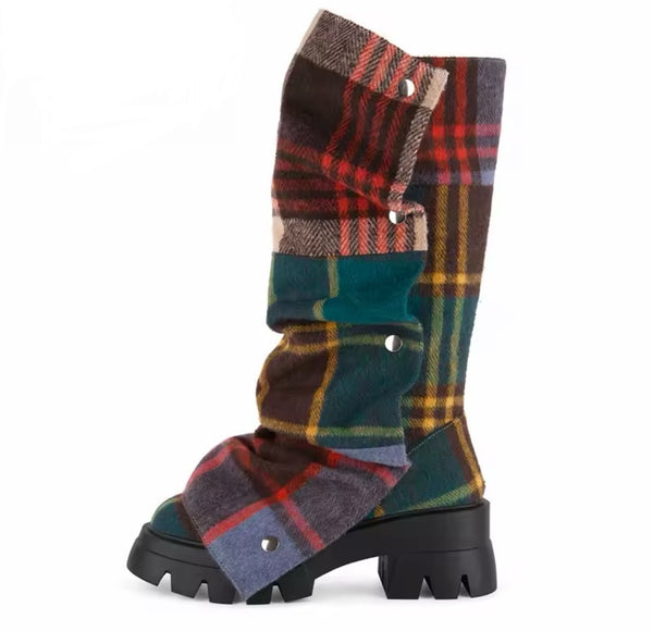 Women Fashion Color Button Faux Leather Flat Boots