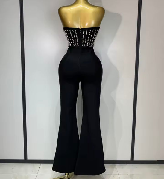 Women Sexy Strapless Black Beaded Patchwork Jumpsuit