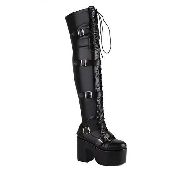 Women Fashion Over The Knee Lace Up Buckled Platform Boots