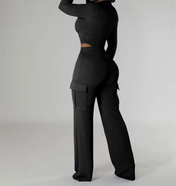 Women Color Ribbed Zip Up Full Sleeve Bodysuit Two Piece Pant Set