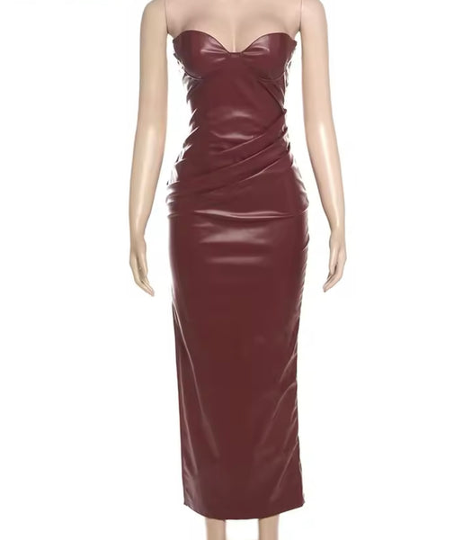 Women Sexy Strapless Burgundy Faux Leather Maxi Dress