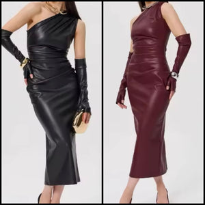 Women Sexy One Shoulder Sleeveless Glove Faux Leather Dress