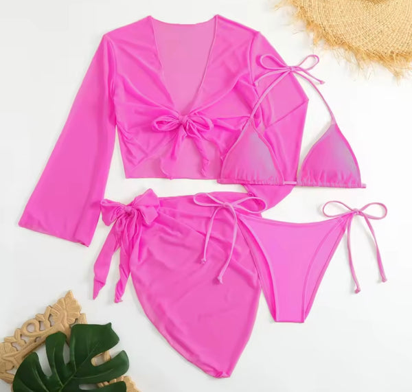 Women Sexy Color Bikini Mesh Cover Up Set
