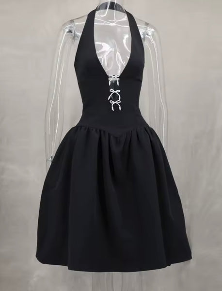 Women Sexy Pearl Bow Cut Out Halter Sleeveless Dress