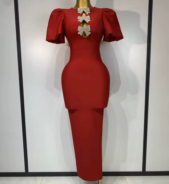 Women Red Bling Bow Short Sleeve Maxi Dress