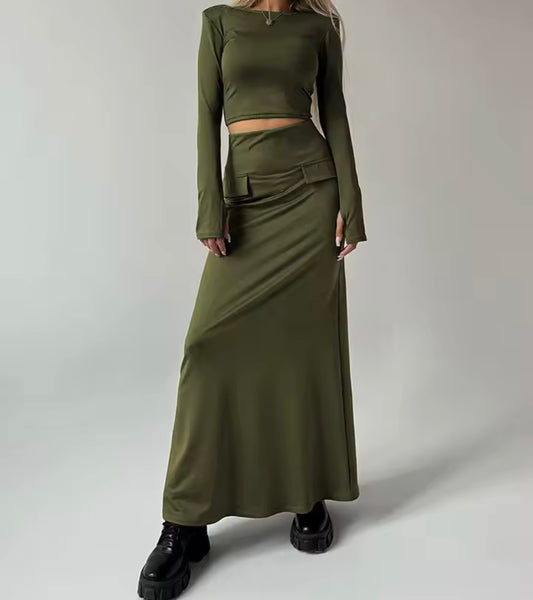 Women Sexy Full Sleeve Crop Two Piece Pocket Maxi Skirt Set