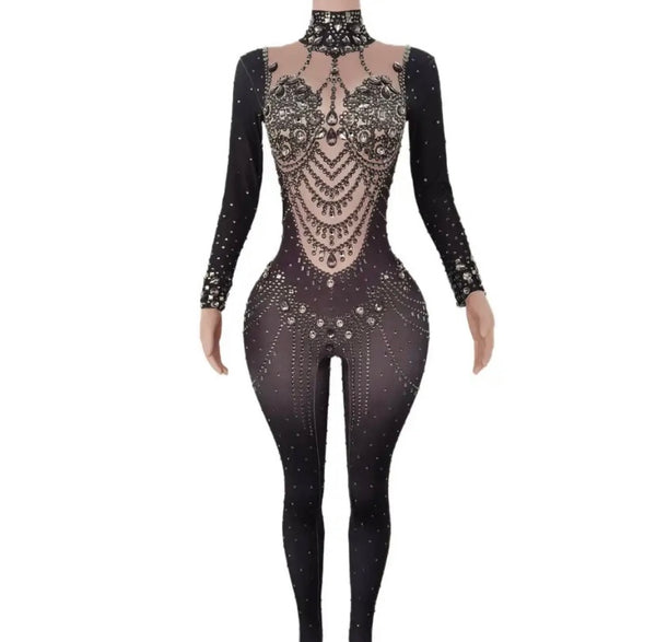 Women Sexy Beaded Crystal Full Sleeve Jumpsuit
