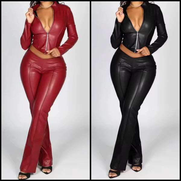Women Fashion Faux Leather Zip Up Two Piece Pant Set