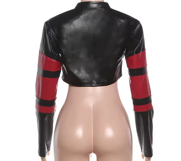 Women Fashion Cropped Color Patchwork Faux Leather Jacket