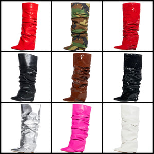 Women Patent Leather Fashion Ruched Knee High Boots