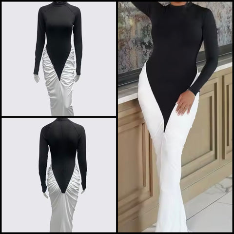 Women B&W Patchwork Ruched Full Sleeve Sexy Maxi Dress