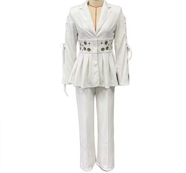 Women Full Sleeve Metal Hollow Out Blazer Two Piece Pant Set