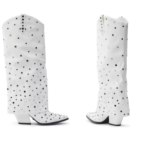 Women Fashion White Bling Rivet Knee High Western Boots