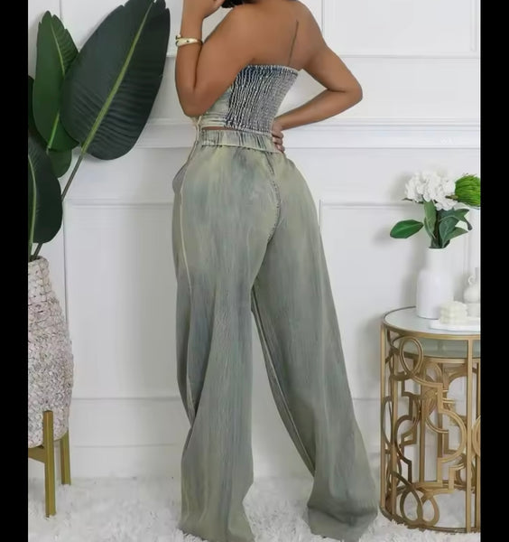 Women Fashion Strapless Denim Two Piece Loose Pant Set