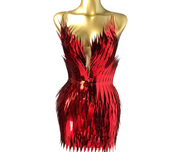 Women Red Strapless Sexy Mirror Dress