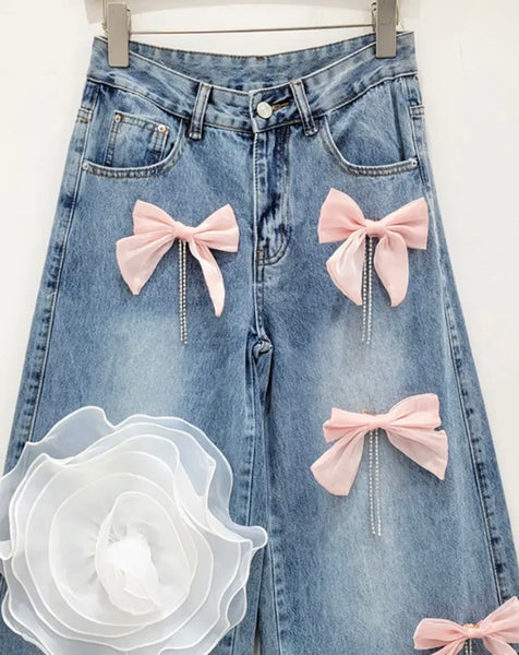 Women Fashion Color Floral Bow Tassel Denim Pants