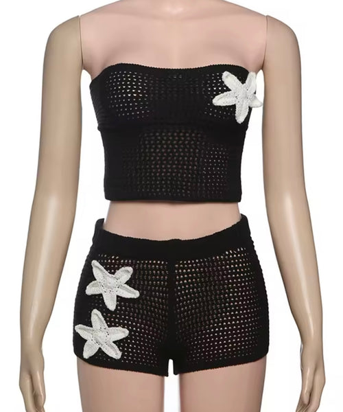 Women Sexy Strapless Tie Up Open Back Knitted Two Piece Short Set