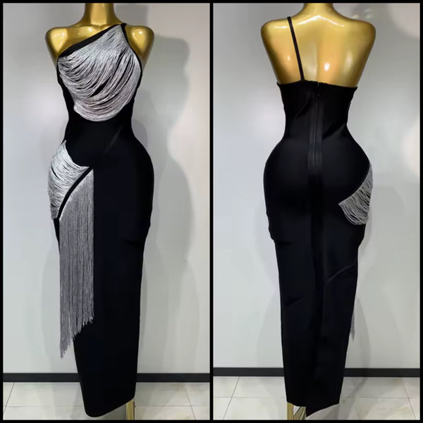 Women Black One Shoulder Sleeveless Fringe Tassel Dress
