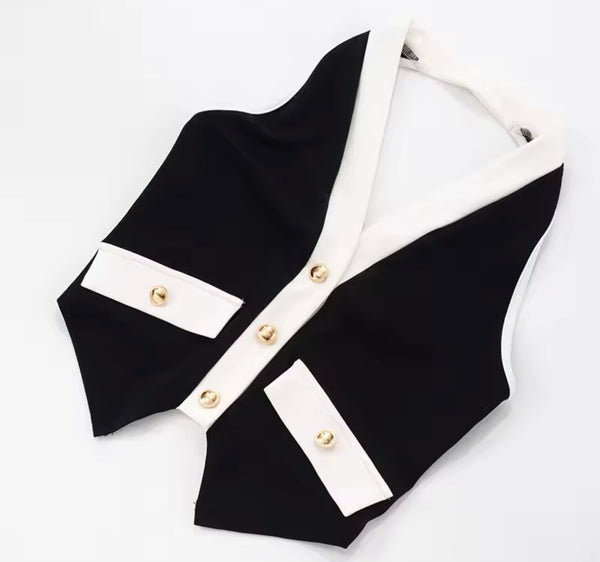 Women Sleeveless Button Up B&W Vest Two Piece Capri Pant Set