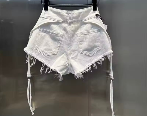Women Fashion White Zipper Tassel Denim Shorts