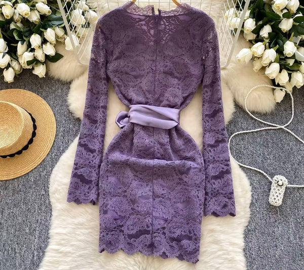 Women Sexy Full Sleeve Tie Up Sash Lace Dress