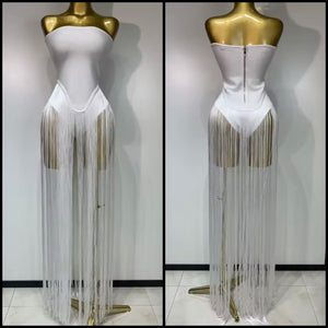 Women Sexy Strapless White Fringe Tassel Maxi Dress