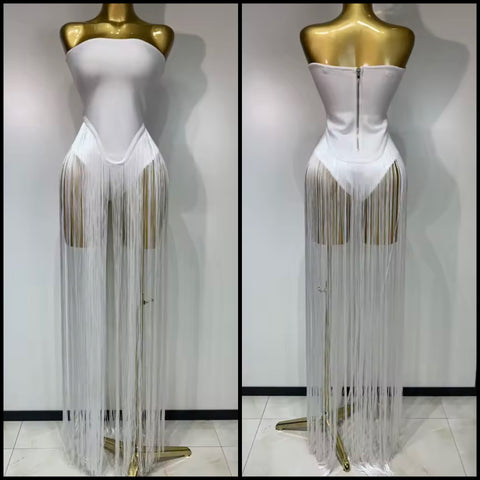 Women Sexy Strapless White Fringe Tassel Maxi Dress
