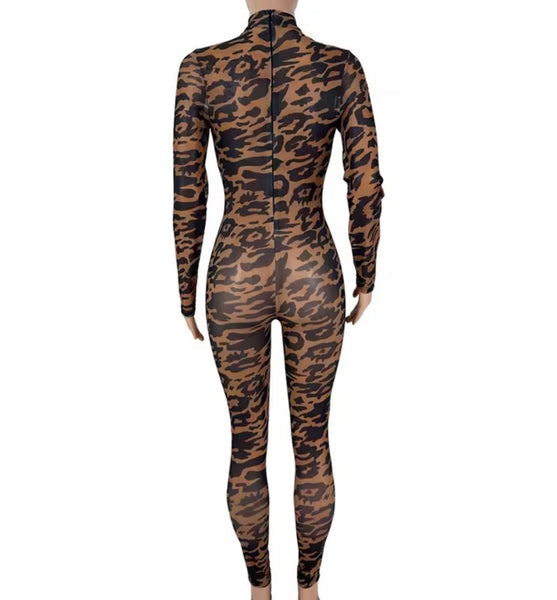 Women Sexy Fashion Leopard Print See Through Jumpsuit